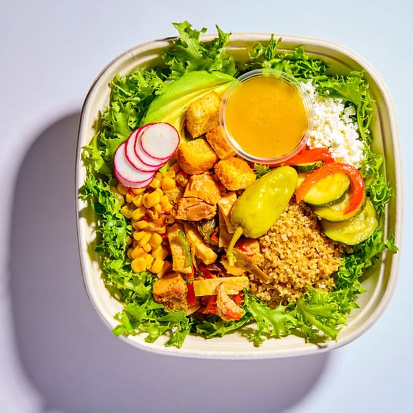 Vitasana healthy salad bowl with lettuce, avocado, radishes, corn, chicken, quinoa, and dressing.